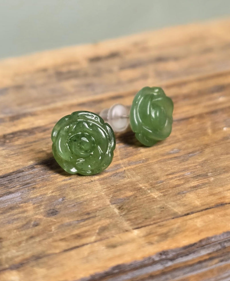 Nephrite Jade Rose Earrings, 10mm