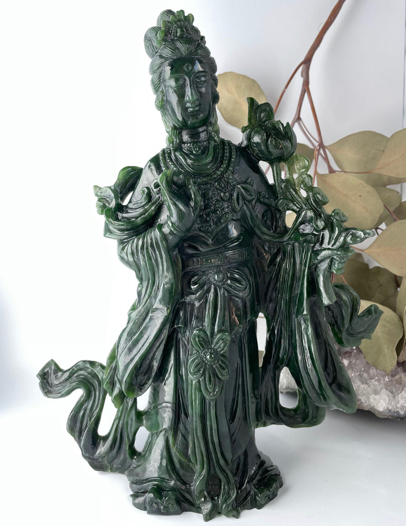 Jade Kwan Yin Statue Canadian Jade, 10.5"*